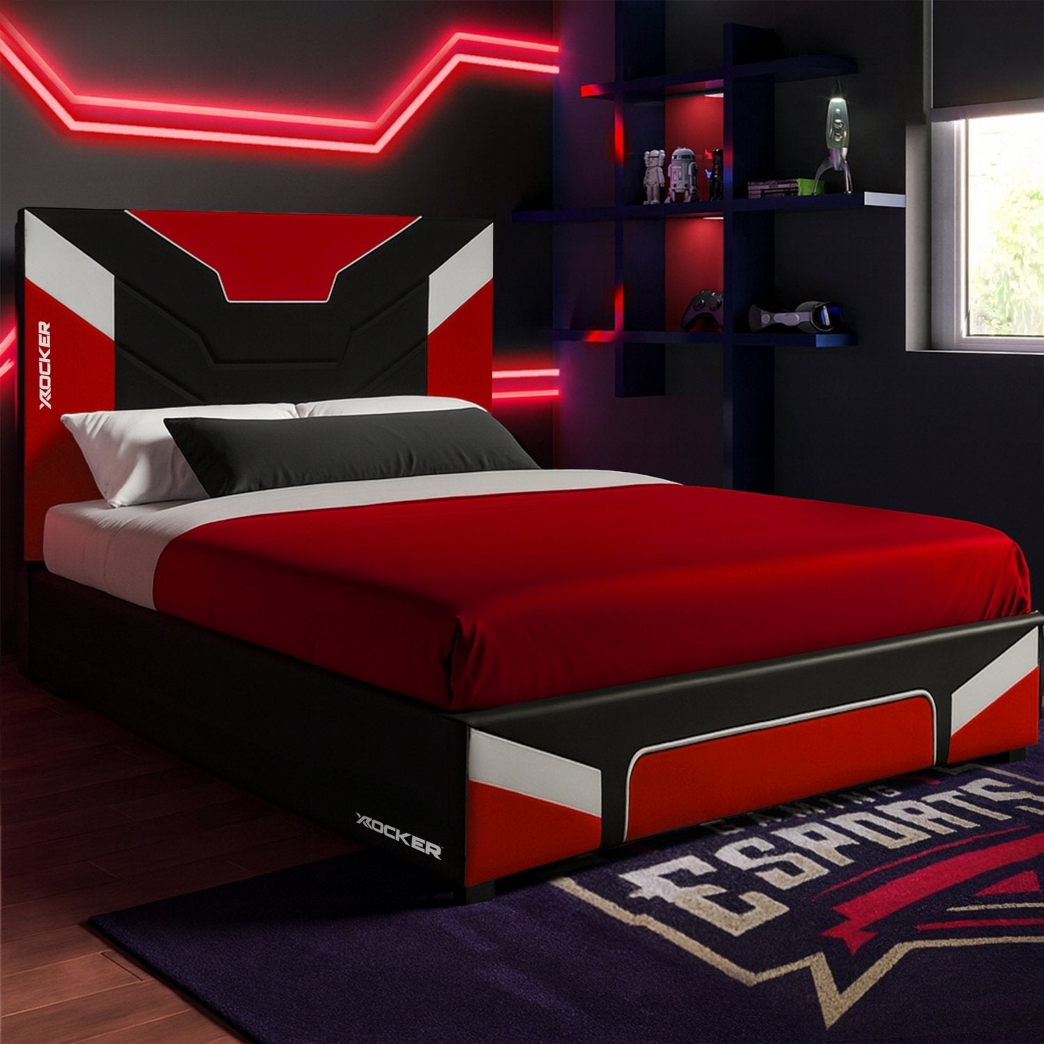 Modern bed with red and black design in a room with neon lights and a window.