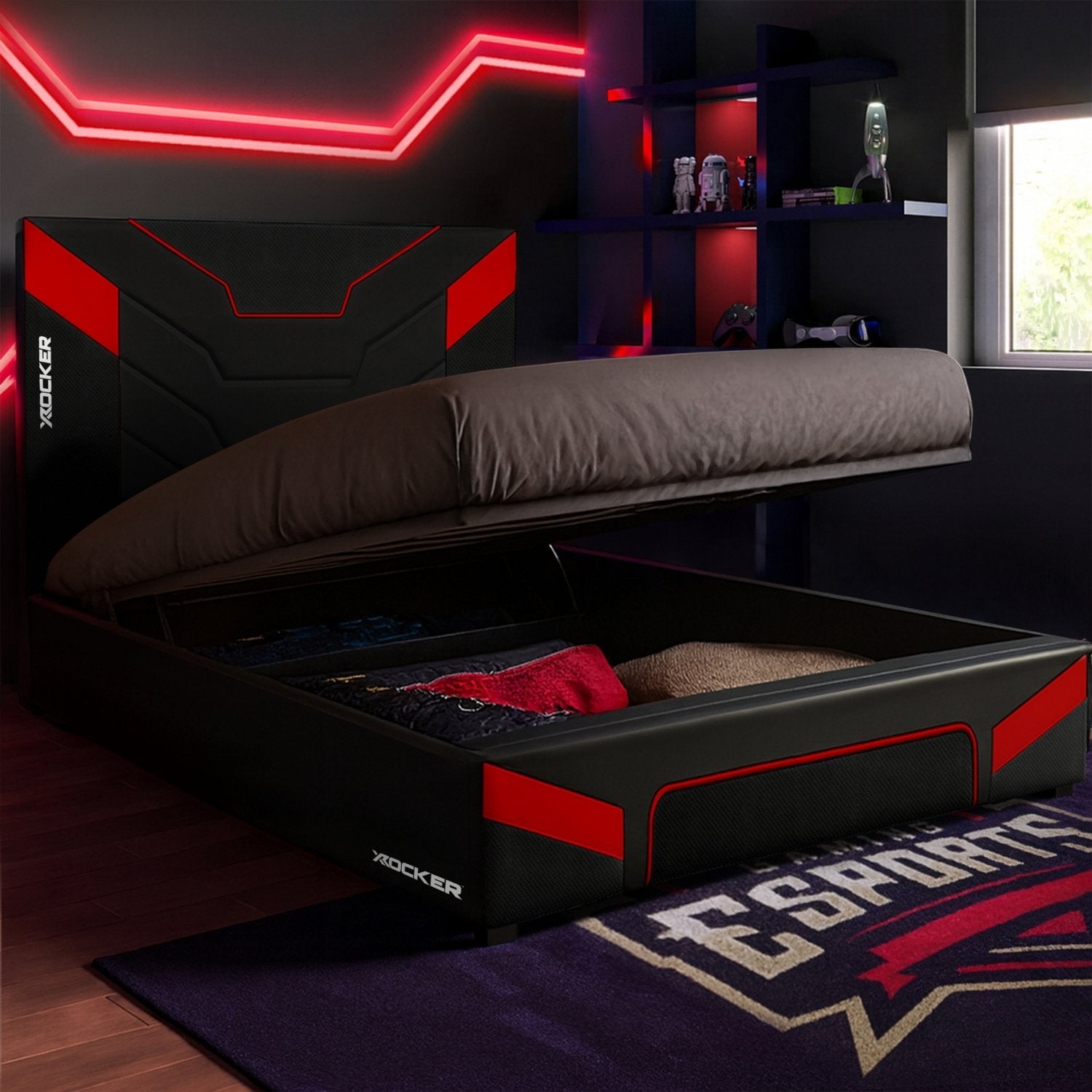 Modern bedroom with a black and red bed frame, red neon lights, and a window.