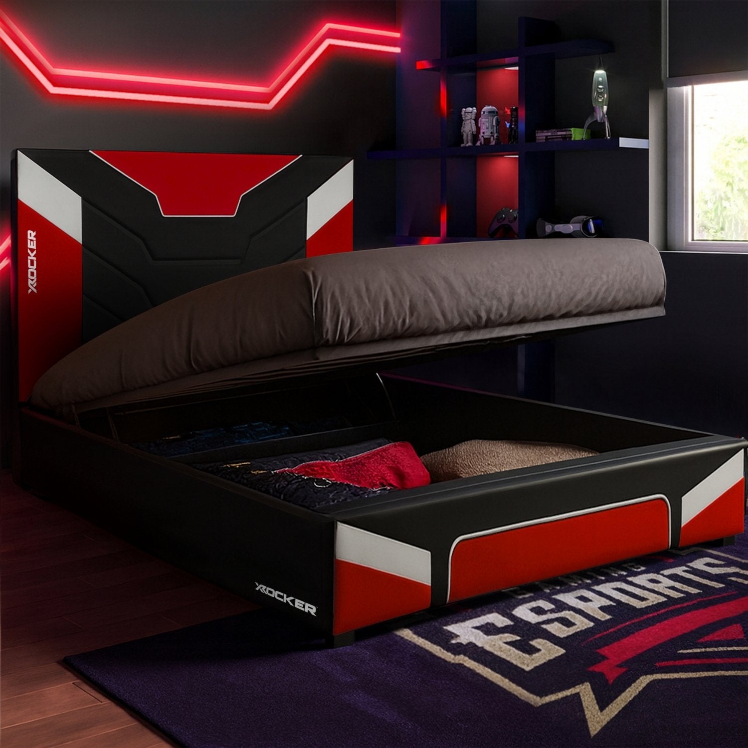 Bed with storage compartment in a room with red neon lights and a window.