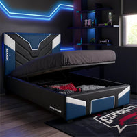 Modern bed with storage compartment in a dark room with neon lights
