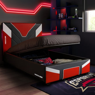 Modern bed with storage compartment in a room with red neon lights and a window.