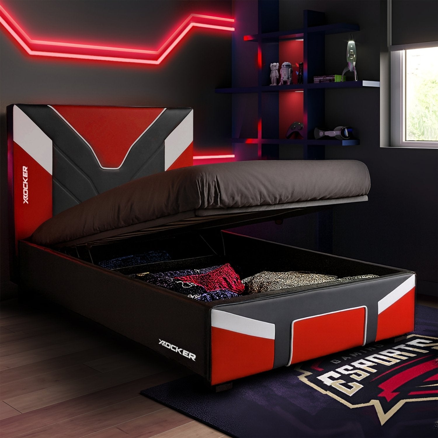 Modern bed with storage compartment in a room with red neon lights and a window.