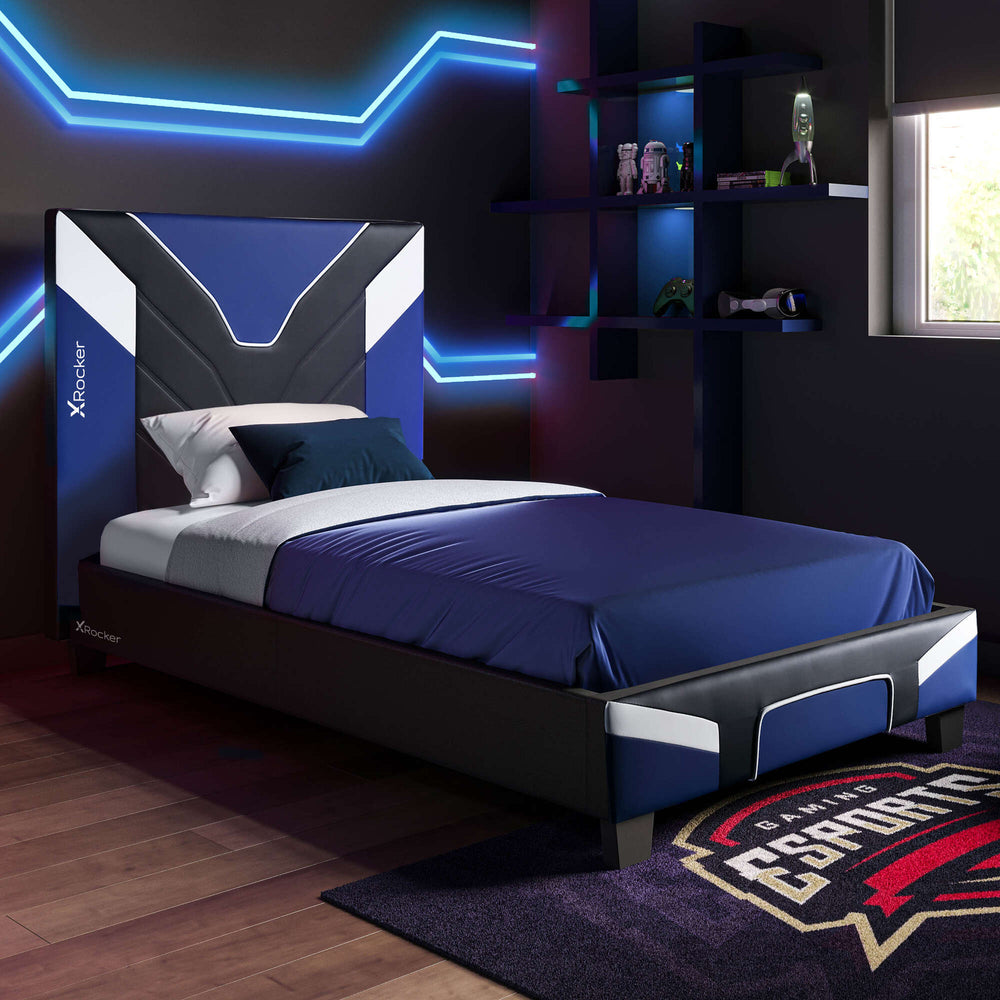 X Rocker Cerberus Gaming Bed in a Box sleek blue gaming bed with a modern upholstered design for ultimate comfort.