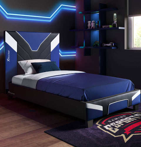 X Rocker Cerberus Gaming Bed in a Box sleek blue gaming bed with a modern upholstered design for ultimate comfort.