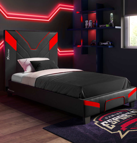 X Rocker Cerberus MK11 Gaming Bed in a Box carbon black and red upholstered bed with a sleek modern gaming design 