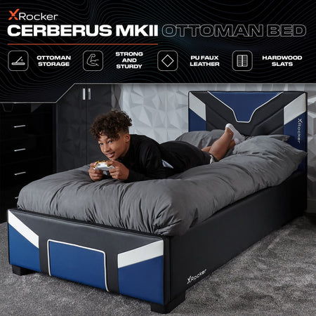 Blue X rocker Cerberus MK11 Gaming Bed With Ottoman Storage, perfect for gamers looking for comfort and functionality 