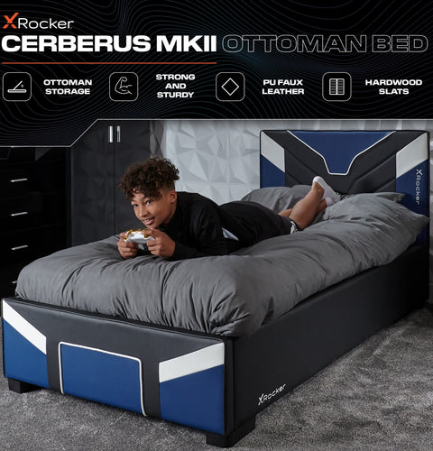 Blue X rocker Cerberus MK11 Gaming Bed With Ottoman Storage, perfect for gamers looking for comfort and functionality 