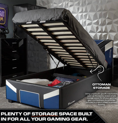 Cerberus MK11 Ottoman Gaming Bed (Blue) modern upholstered gaming bed with lift up storage for gaming accessories. 