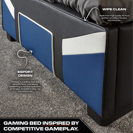 X Rocker blue gaming bed with ottoman storage cerberus MK11 combines sleek design comfort and practicality for gaming bedrooms.