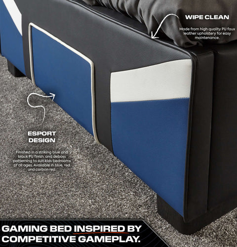 X Rocker blue gaming bed with ottoman storage cerberus MK11 combines sleek design comfort and practicality for gaming bedrooms.