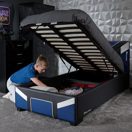 x rocker cerberus MK11 ottoman Bed bold blue gaming bed with a lift p storage compartment for gaming gear and essentials