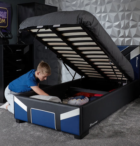 x rocker cerberus MK11 ottoman Bed bold blue gaming bed with a lift p storage compartment for gaming gear and essentials