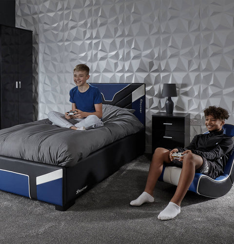 blue upholstered gaming bed by X Rocker cerberus MK11 ottoman design with a durable frame and ergonomic headboard.
