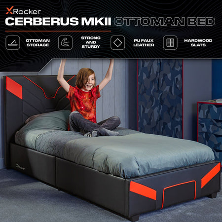 X rocker cerberus MK11 Gaming bed in Carbon Red stylish upholstered bed with under bed storage for gaming accessories.