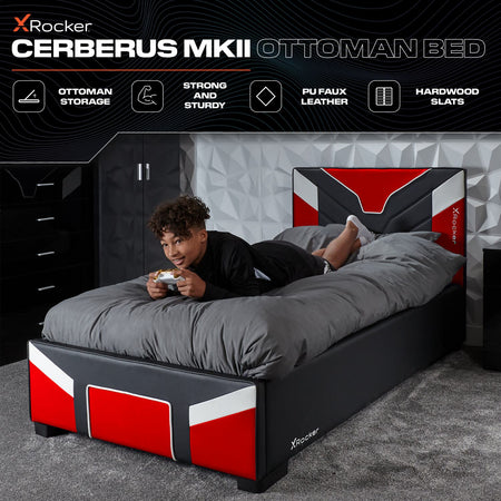 red x rocker cerberus MK11 ottoman Gaming Bed - space bed with under bed storage for gamers and modern bedrooms