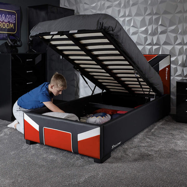 Red gaming bed with ottoman storage X Rocker cerberus MK11 provides comfort durability and space saving design.