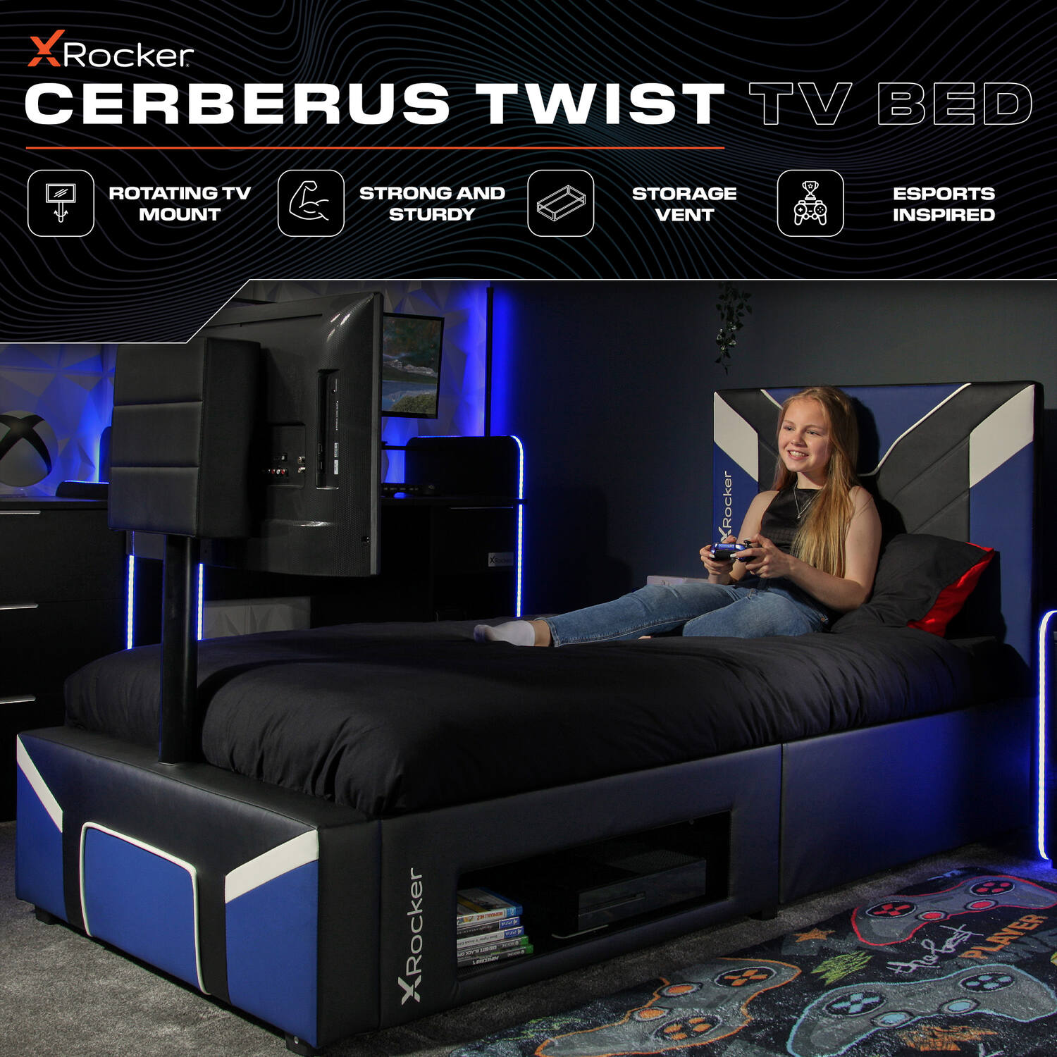 Cerberus Twist Single TV Gaming Bed - Blue