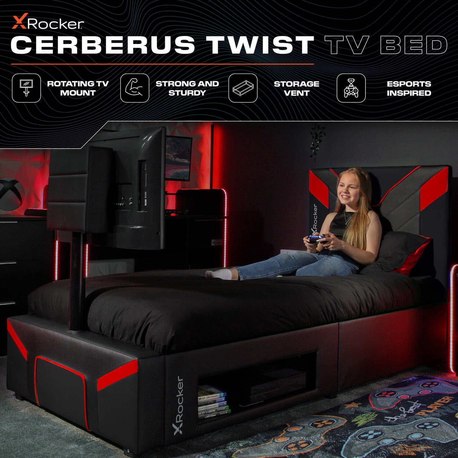 Cerberus Twist Single TV Gaming Bed - Black / Red