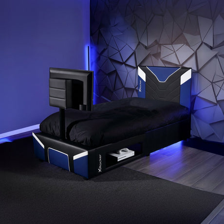 Modern black bed with geometric wall design in a dark-themed room
