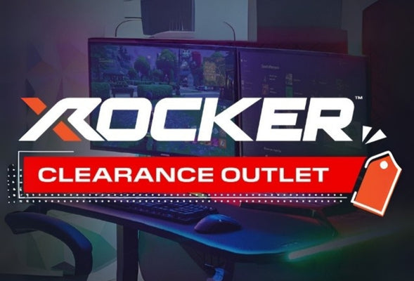Gaming setup with X rocker logo and 'Clearance Outlet' text