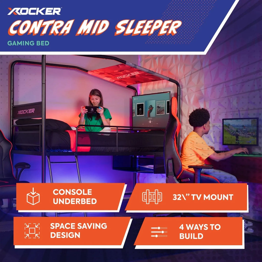 Gaming bed with console underbed, TV mount, and customizable design features.