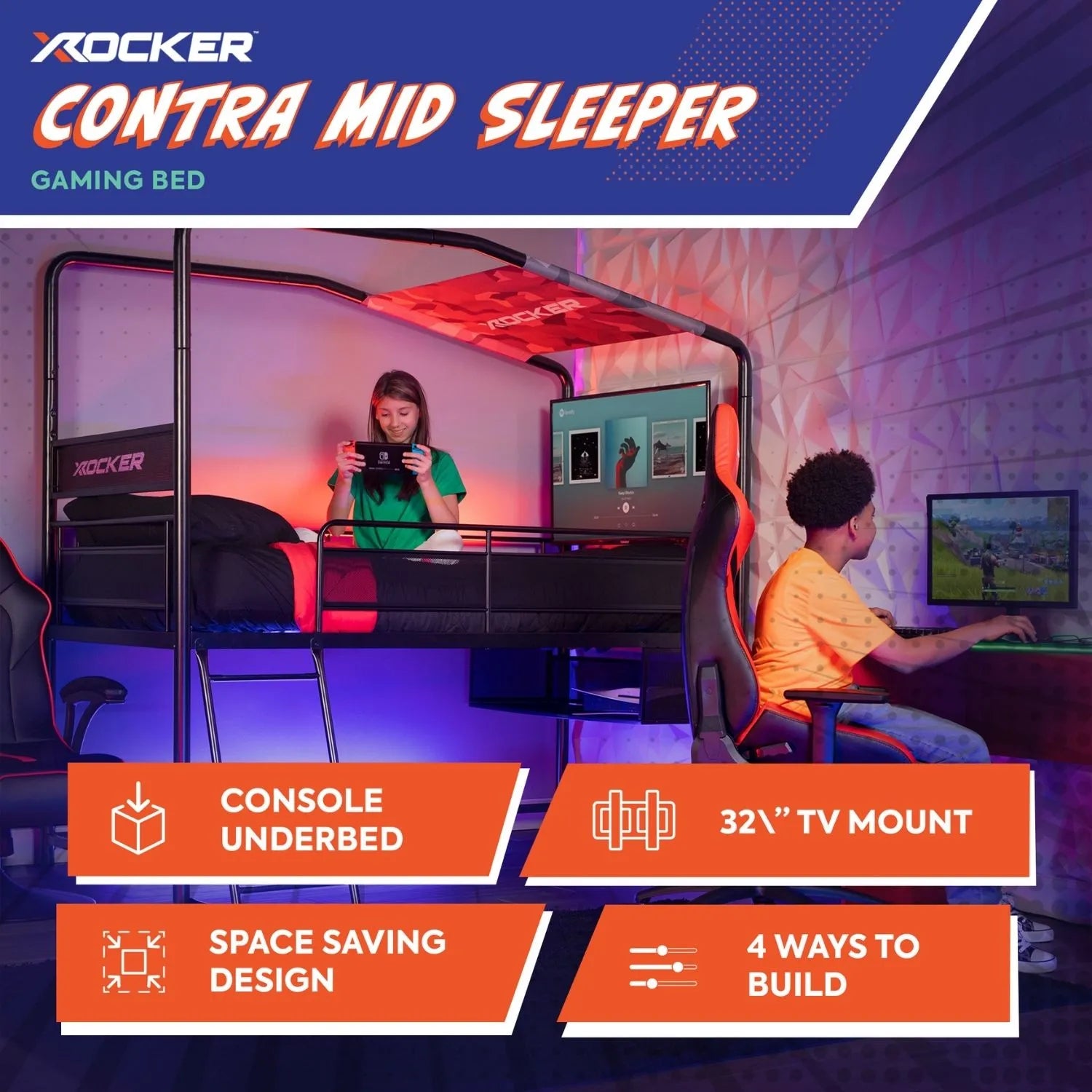 Gaming bed with console underbed, TV mount, and customizable design features.