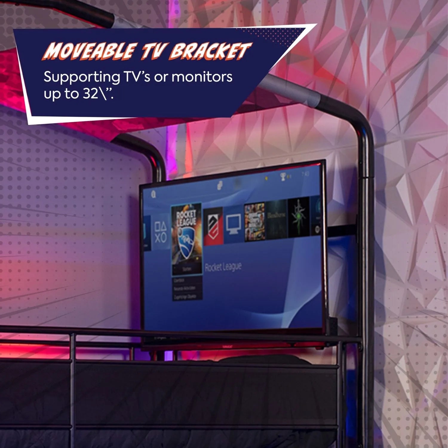 Moveable TV bracket with a TV displaying a gaming interface against a colorful geometric background.