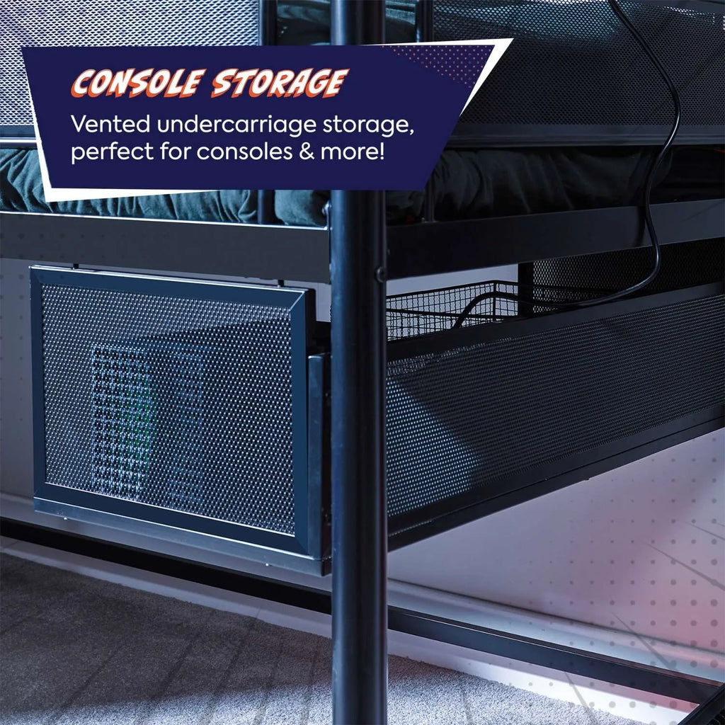 Console storage solution with vented undercarriage for electronic devices.