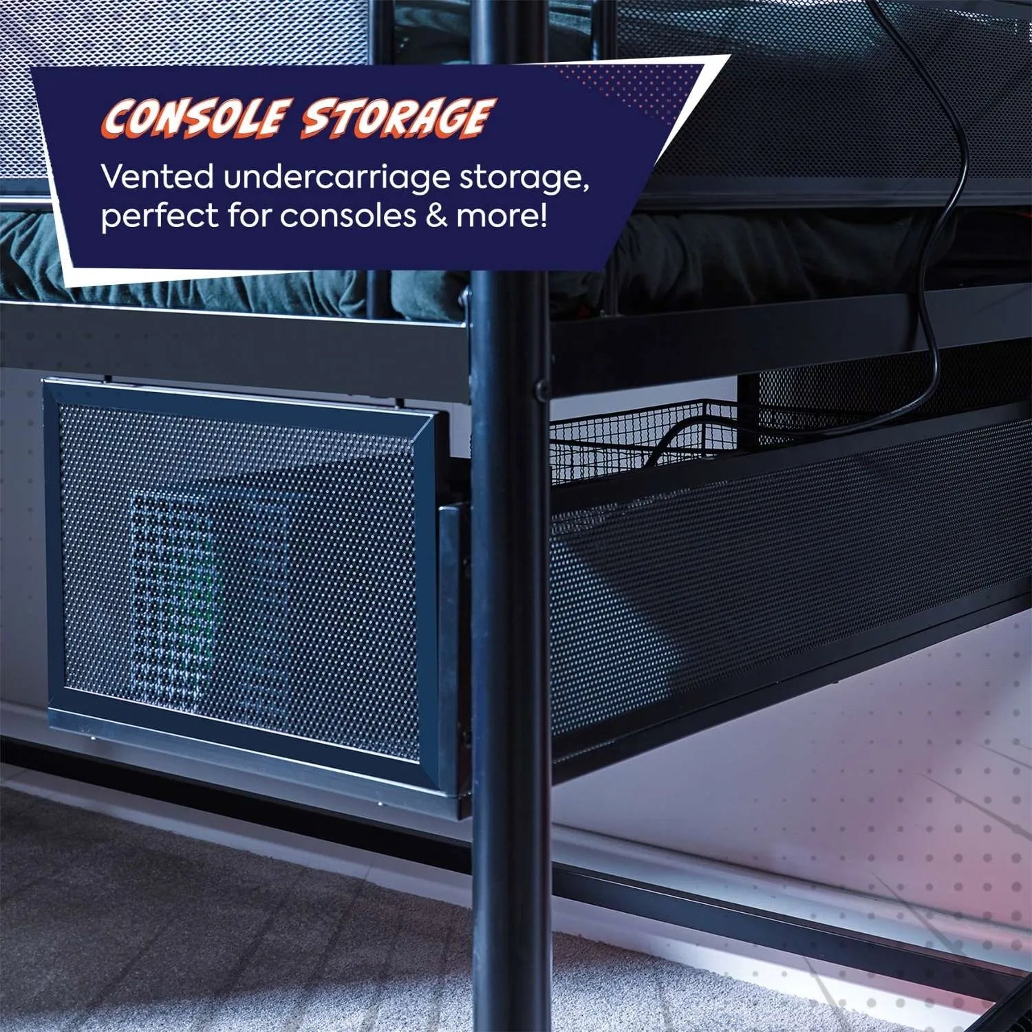 Console storage solution with vented undercarriage for electronic devices.