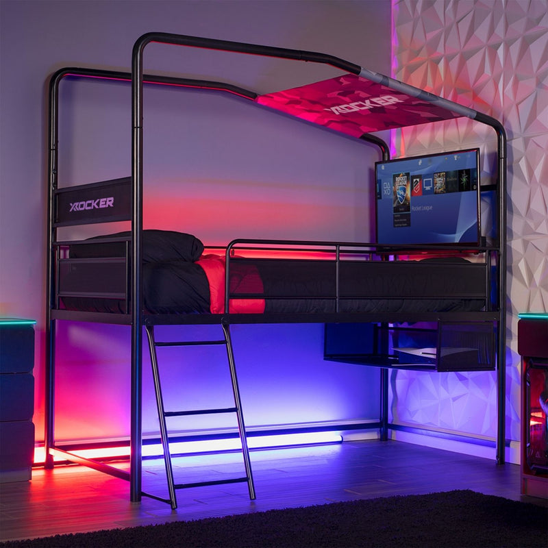 Modern bunk bed with tv mount in a room with colorful lighting