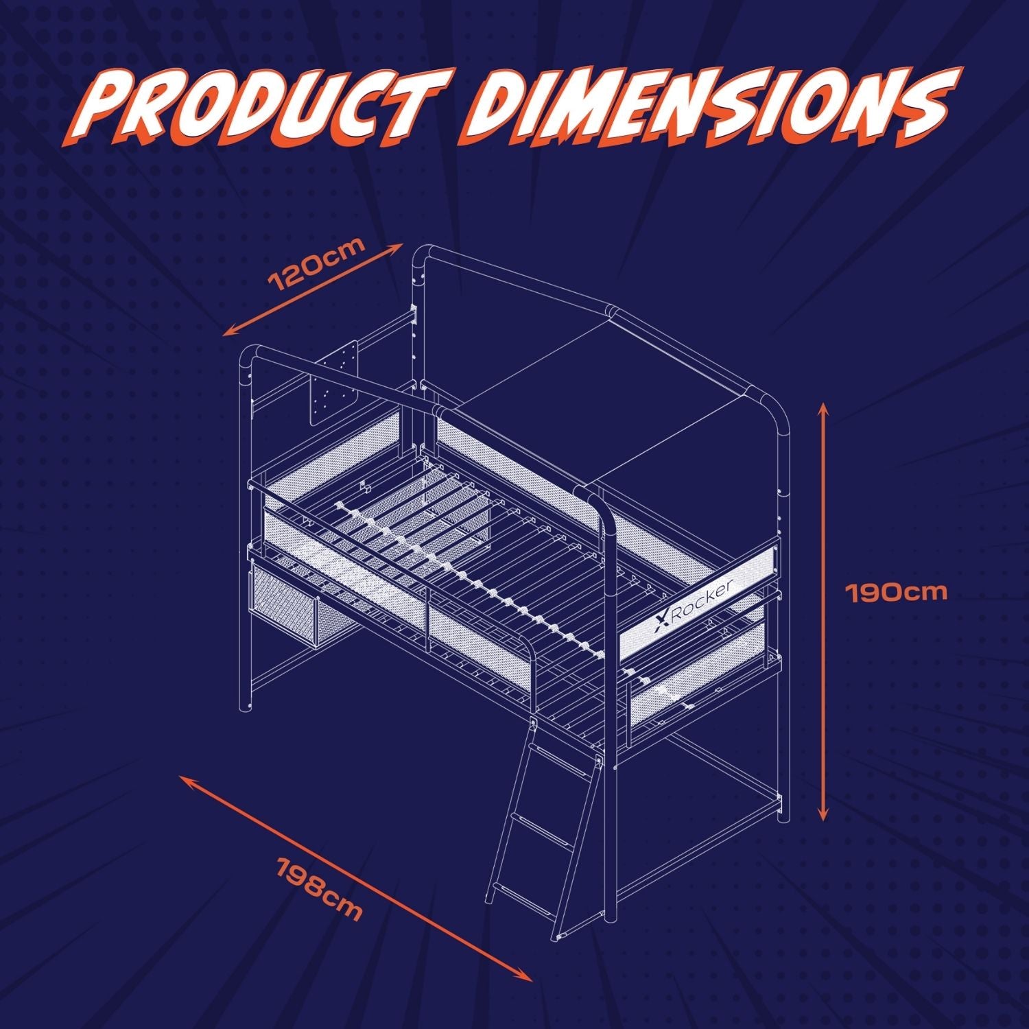 Product dimensions diagram of a loft bed with measurements on a blue background