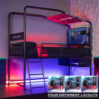 Modern bunk bed with TV and gaming setup in a room with colorful lighting