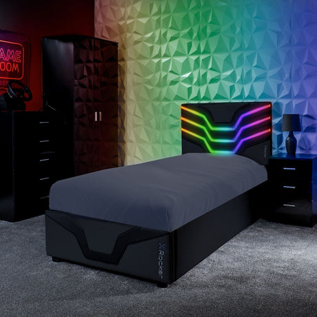 Modern bedroom with a bed, nightstands, and colorful wall design.