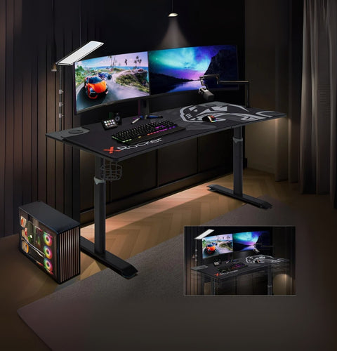 Gaming desk setup with dual monitors, keyboard, and mouse in a dark room.