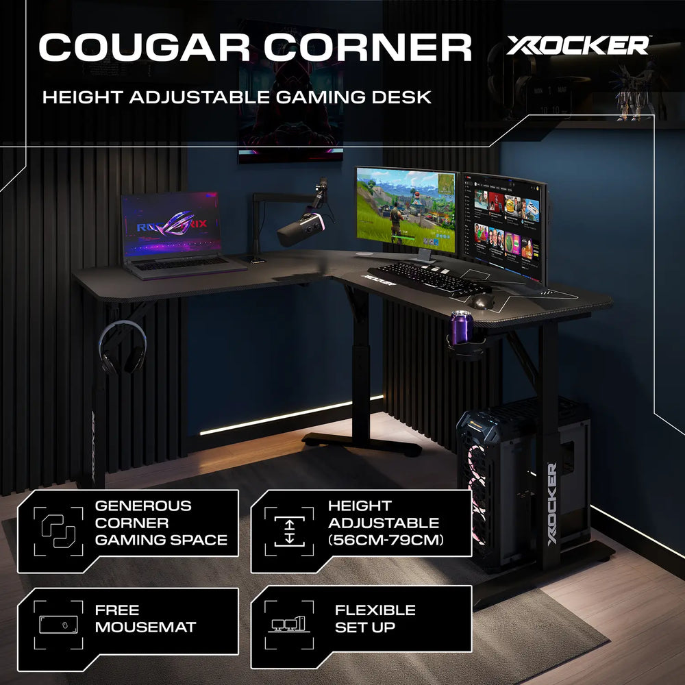 Cougar 140cm Height Adjustable Corner Gaming Desk with Mousepad - Black