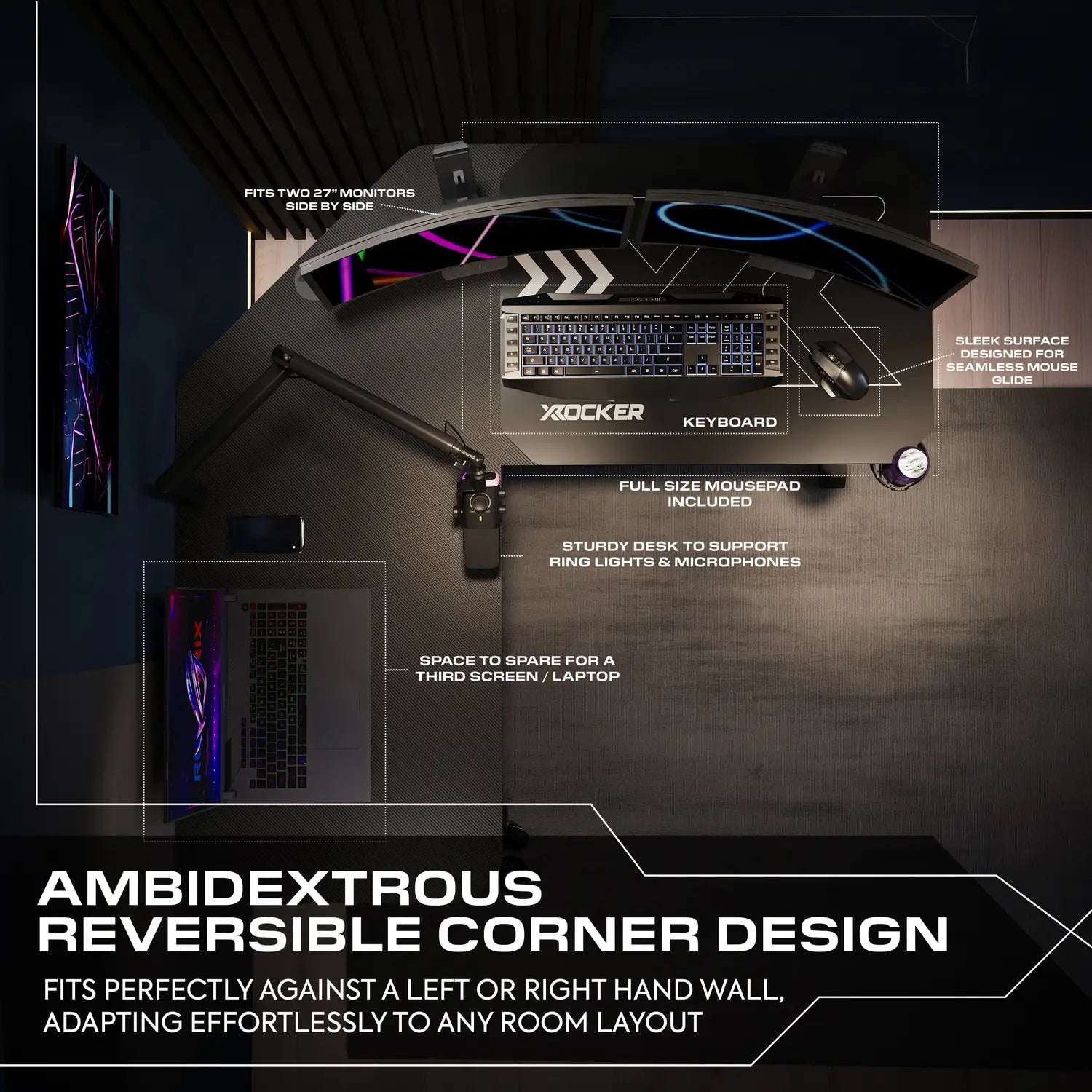 Gaming desk setup with monitor mount, keyboard, and mouse on a dark background