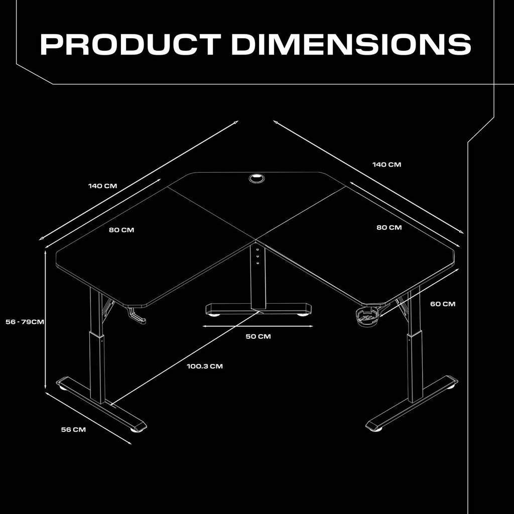 Diagram of the Cougar L-shaped Corner desk with dimensions labeled on a black background, showcasing a 140cm length, 56-79cm adjustable height and 60cm depth