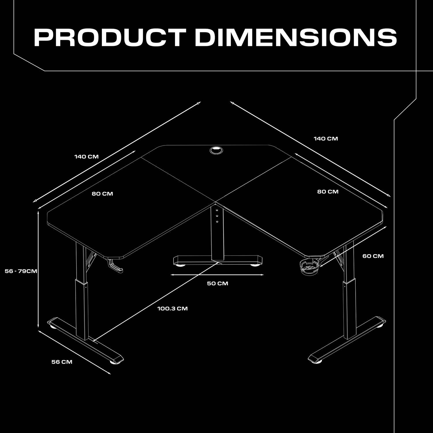 Diagram of the Cougar L-shaped Corner desk with dimensions labeled on a black background, showcasing a 140cm length, 56-79cm adjustable height and 60cm depth