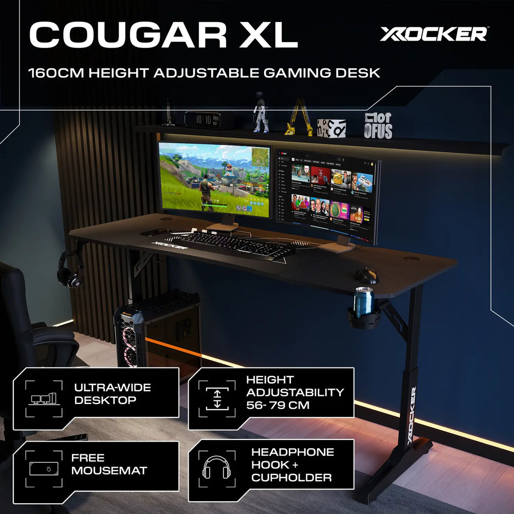 COUGAR XL gaming desk with height adjustment features and gaming setup.