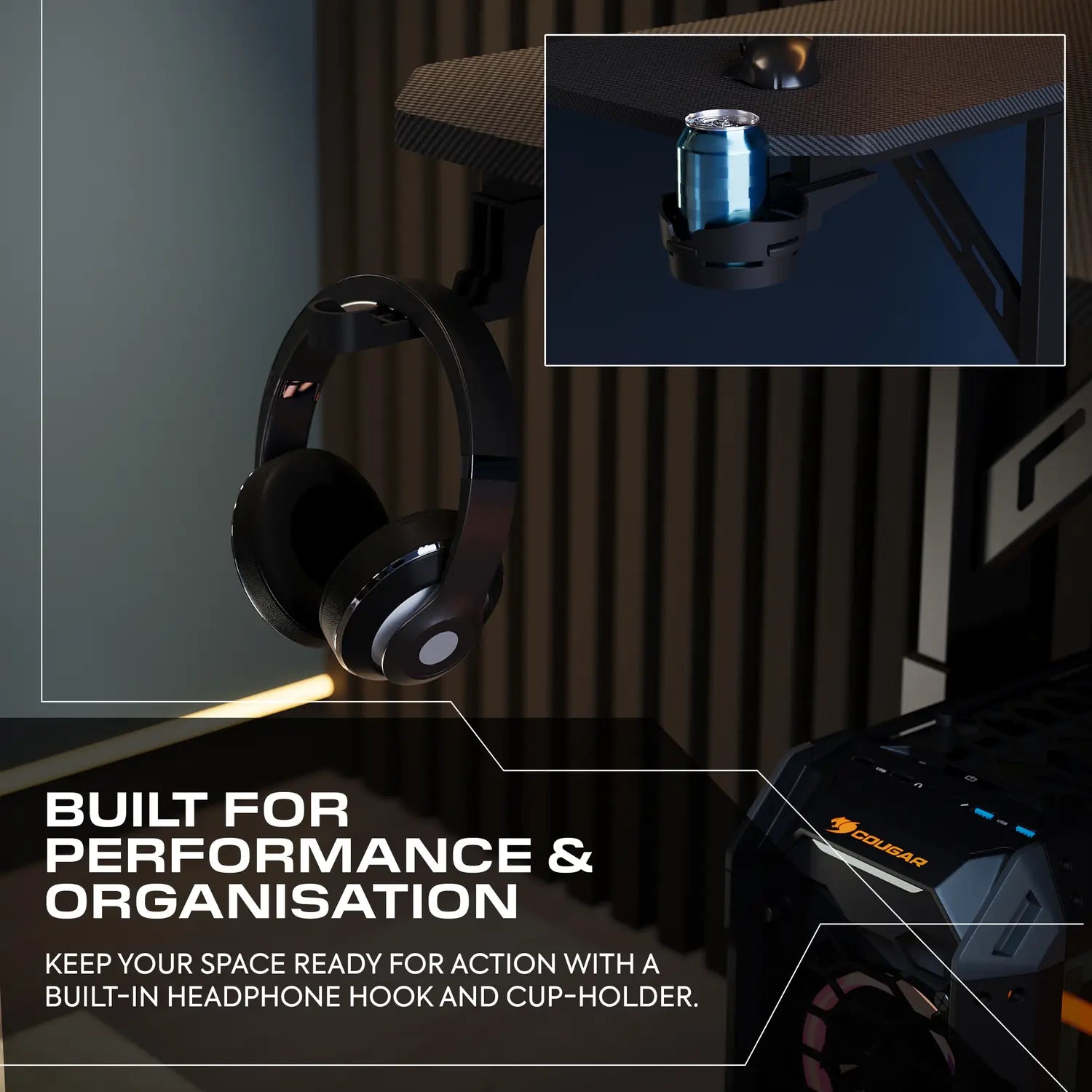 Headphones with a built-in headphone hook and cup-holder on a dark background