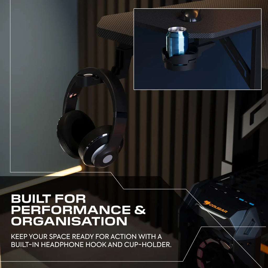 Headphones with a built-in headphone hook and cup-holder on a dark background
