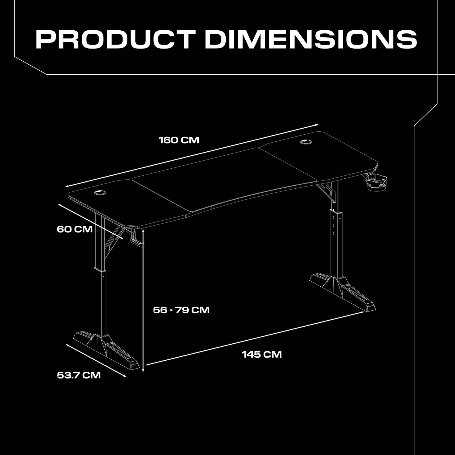 Diagram of a Cougar XL desk with labeled dimensions on a black background, showcasing 160cm width, 60cm depth and 56-79cm adjustable height