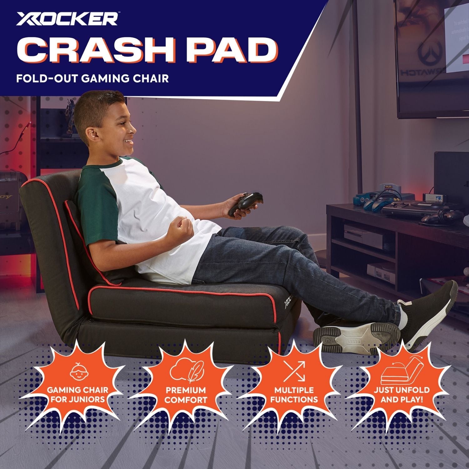 X rocker Crash Pad fold-out gaming chair with a child using it in a room.