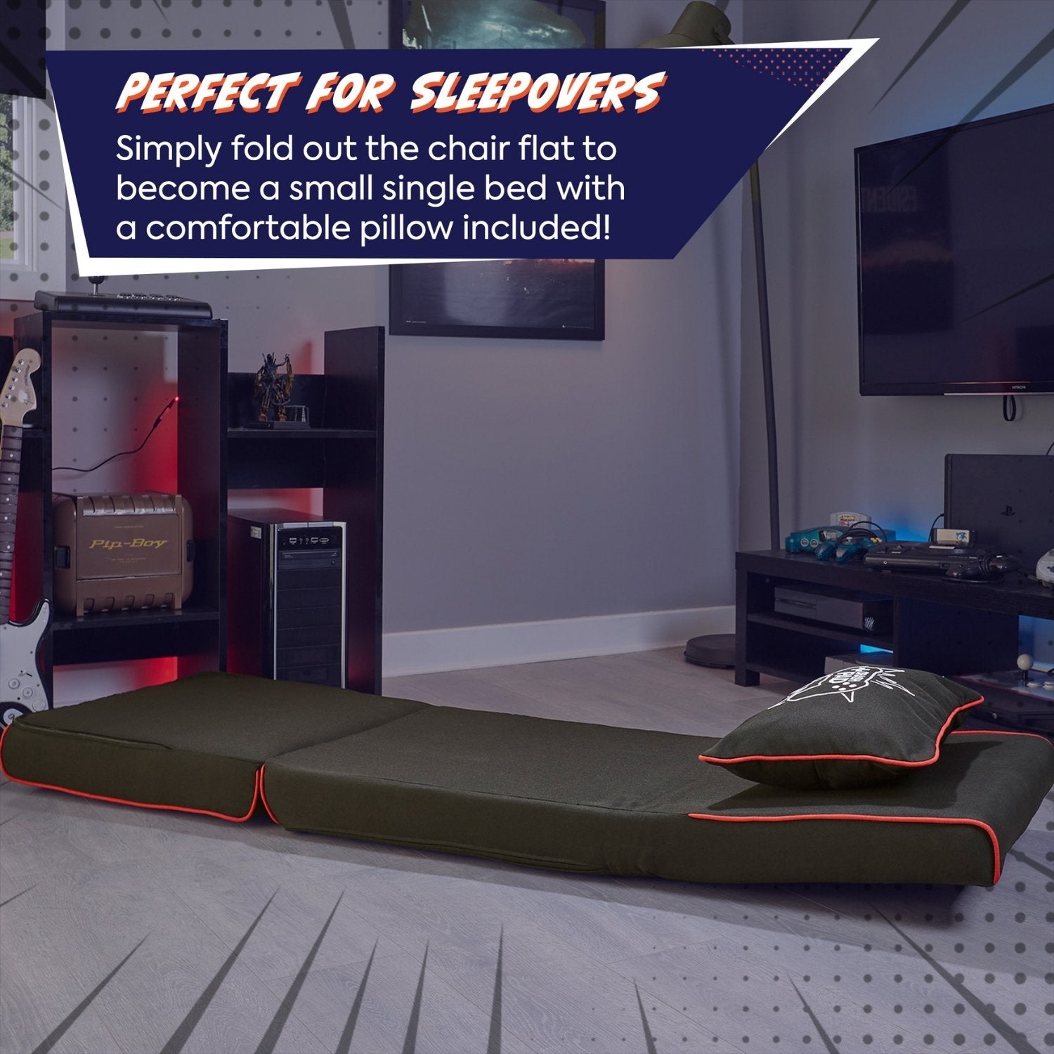 Fold out Z Frame futon laid out to represent how the Crash pad can be used as a bed