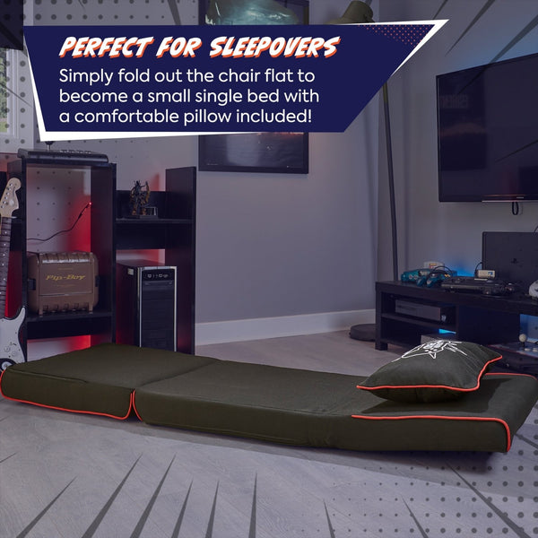 Fold out Z Frame futon laid out to represent how the Crash pad can be used as a bed