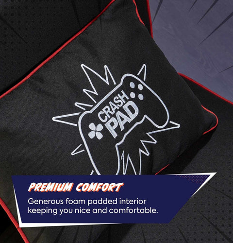 Black gaming chair with 'Crash Pad' logo and text about premium comfort.