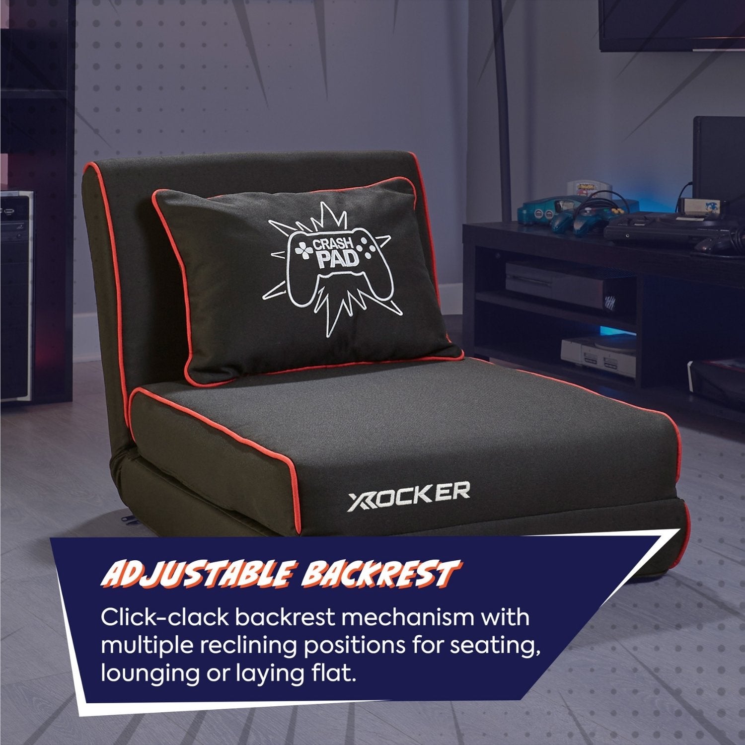 Gray gaming chair with adjustable backrest and X rocker branding in a room setting.