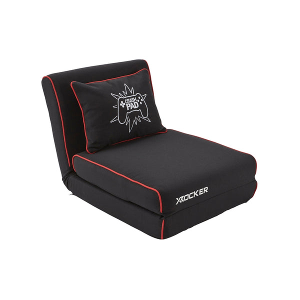 Black gaming chair with red accents and X rocker logo on a white background