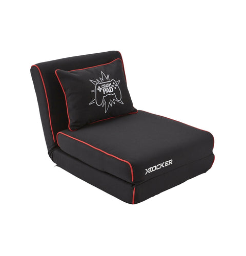 Black gaming chair with red accents and X rocker logo on a white background