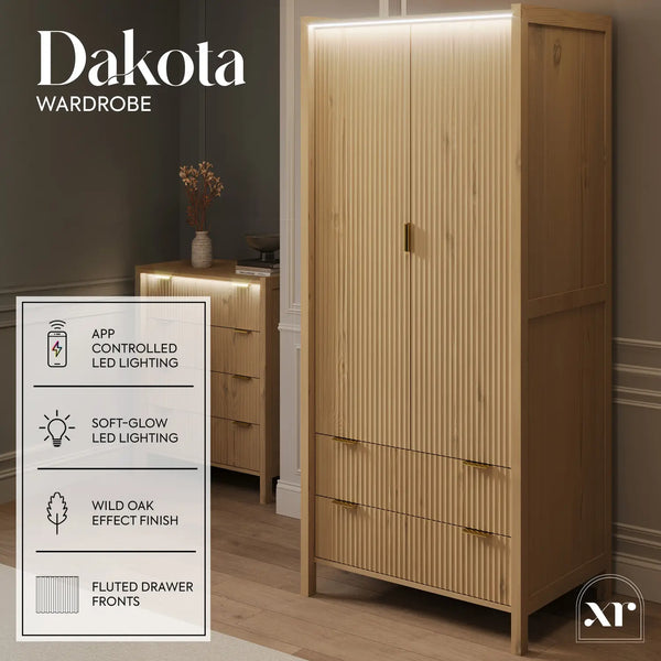 Dakota Two Door Wardrobe with Two Drawers and App Controlled LED Lights - Wild Oak